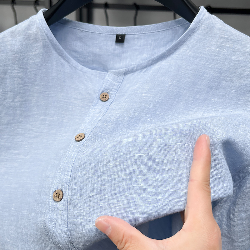 Men's Solid-Color Casual Linen Crew-Neck T-Shirt